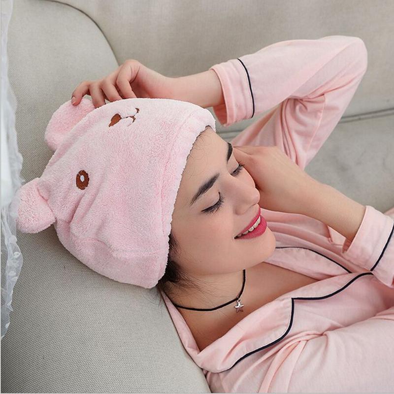 

Quick Drying Hair Towel Head Wrap Hat Easy To Use Bathroom Accessories Lovely Animal Cartoon Strong Absorbing, Pink