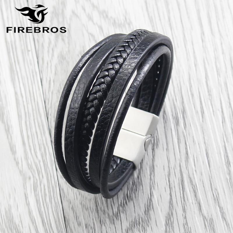

FIREBROS 2020 Gold Silver Black Stainless Steel Magnet Clasp Multilayer Genuine Leather Bracelet Armband Men Women Jewelry Gift