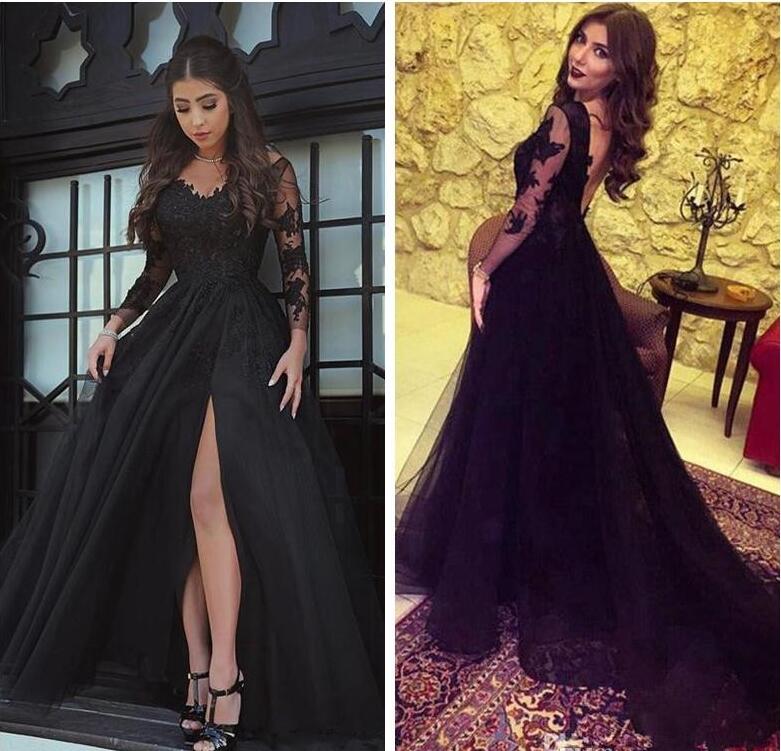 

Sexy Backless Evening Dresses Wear V Neck Sheer Long Sleeves Black Prom Dress 2018 New Lace Appliques Side Split Formal Party Gowns, Yellow