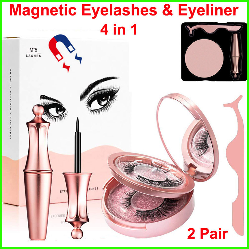

Magnetic Liquid Eyeliner Magnetic Eyelashes Set Makeup 2 Pairs 5 Magnets Eyelash Reusable False Eyelashes Mirror and Tweezer No Glue Needed