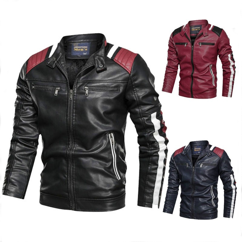 

New Spring and Autumn Men's Motorcycle Leather Jacket Warm Leather Cardigan Jacket Men's Casual Zipper PU, Red