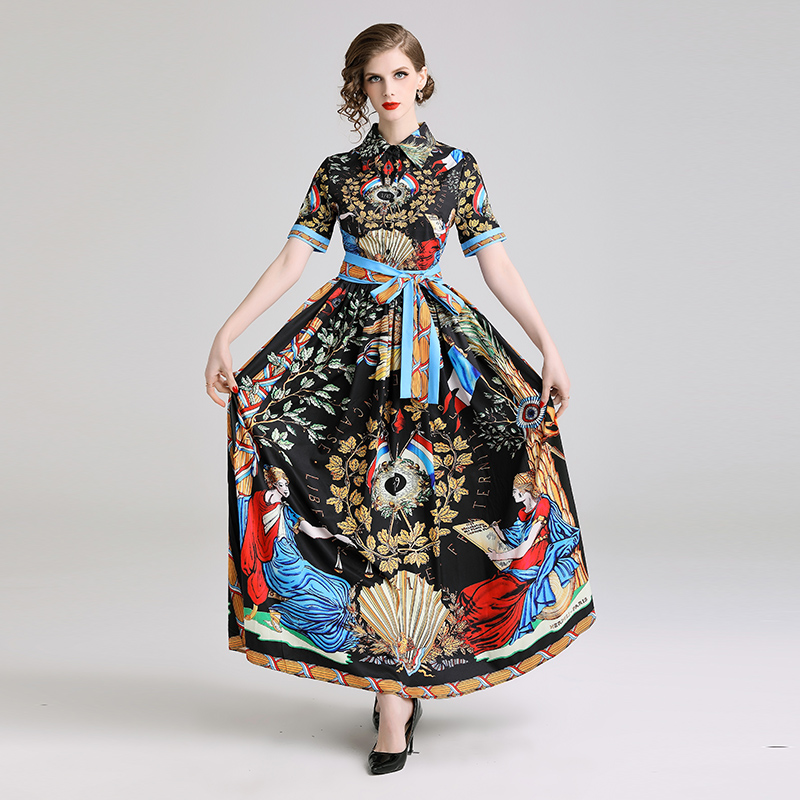 

2019 New Summer Fashion Women's Clothing Bow Short Sleeves A-line Dress Vintage Turn-down Collar Long Dresses Female, Black;gray