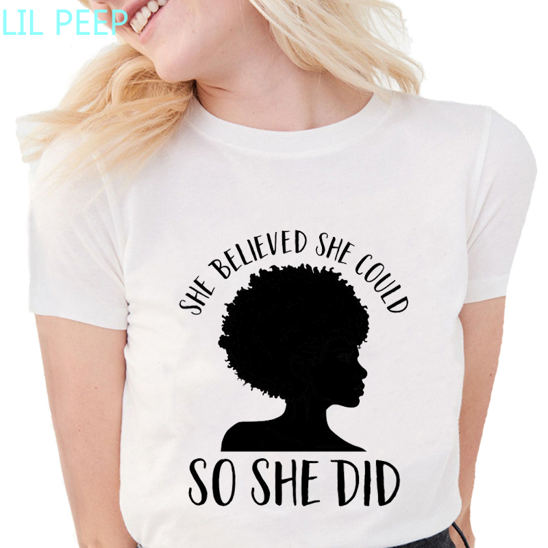 

Black Girl Magic T-Shirt Women She Believed She Could Letter Printed T Shirts O-neck Soft Short Sleeve Casual White Tops, Blank