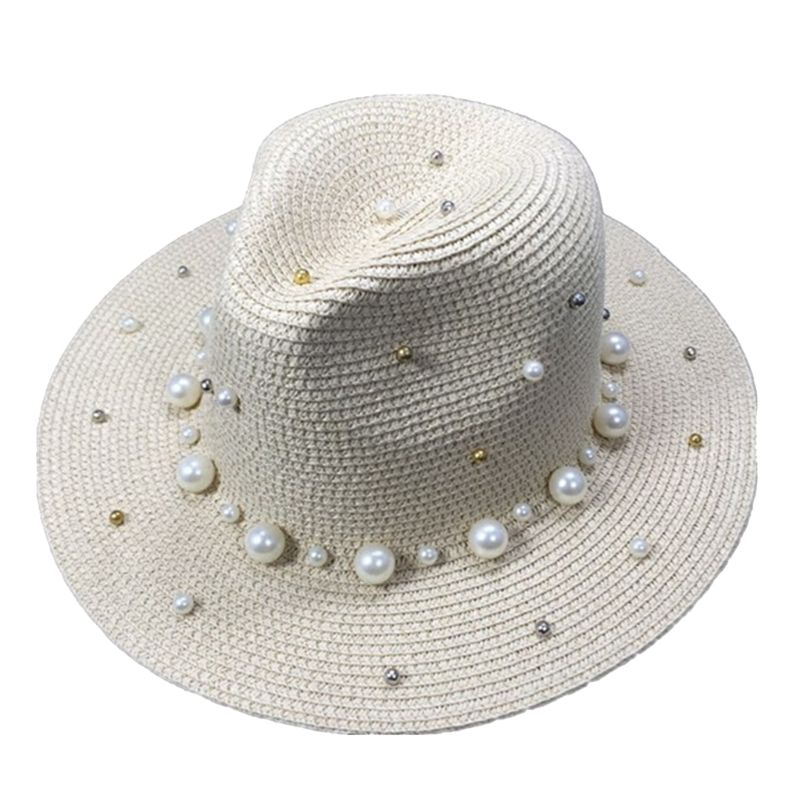 

Summer British pearl beading flat brimmed straw hat Shading sun hat Lady beach Wide Brim 72XF