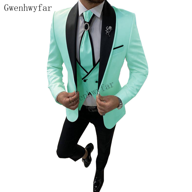 

Bridalaffair Mint Green With Black Lapel Suits for Men 3 Piece Wedding Mens Suit (Jacket+Pants+Vest) Custom Made SlimGroom Custom, Baby blue