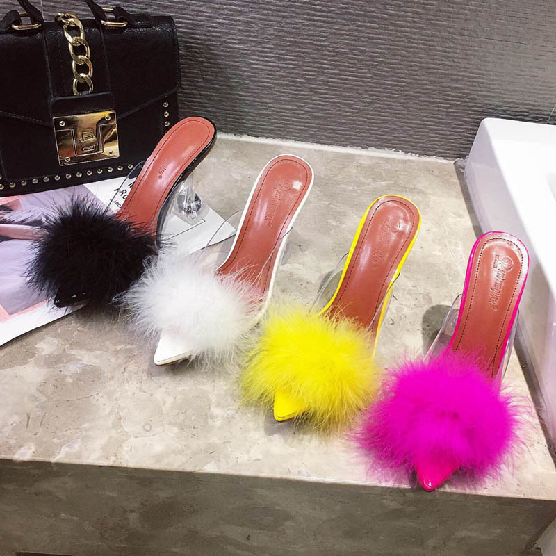 

Women's European and American Pointed Transparent Spool Heels Muller Shoes Women's Furry Large Size Baotou Slipper, Black