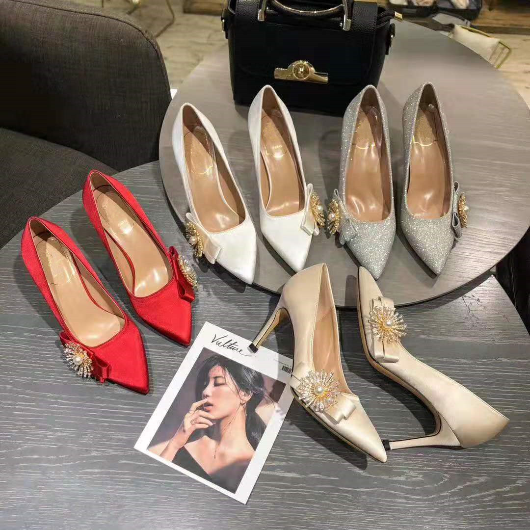 

Women designer wedding bridal high heels pump silk pump with Firework buckle womens ladies luxury dress shoes size EUR34-40, White