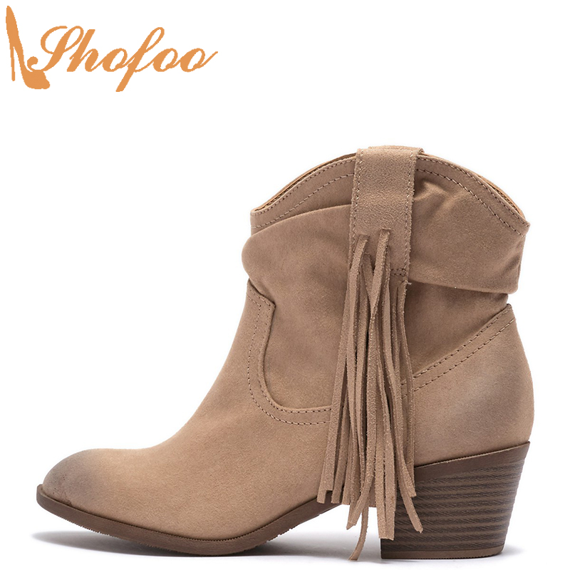 

Boots Brown Woman Ankle High Chunky Heels Round Toe Slip On Booties Large Size 11 16 Ladies Fashion Fringe Mature Shoes Shofoo, Brown booties