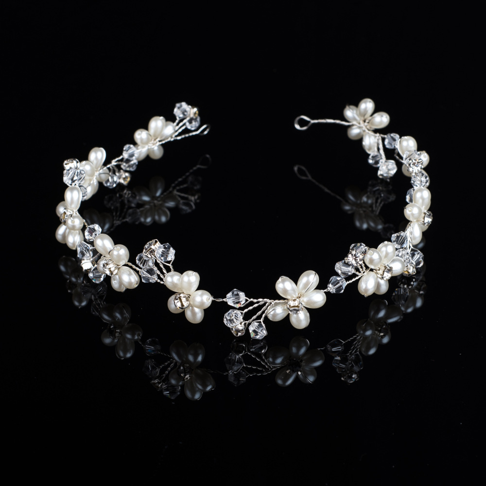 

International Station Head Bring Manual Silver Rhinestone Pearl Flower Bride Frontlet Soft Chain Hair Band Hair Hoop