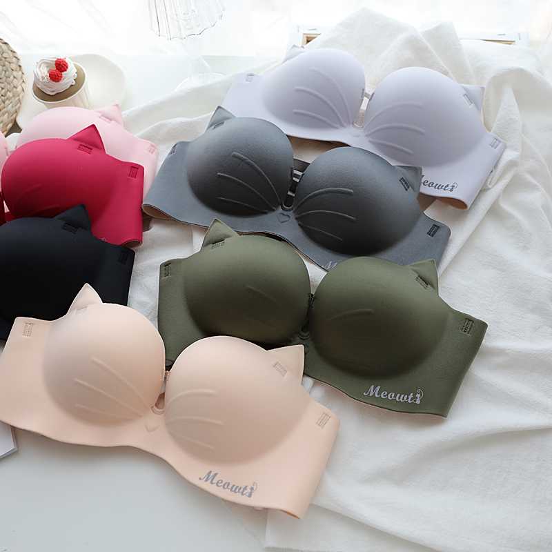 

New 7 Color Women Seamless Underwear Sexy Kitten Ear Simple Bra Set Summer Deep V Hollow Push Up Bras Wireless Comfort Lingerie, Gray
