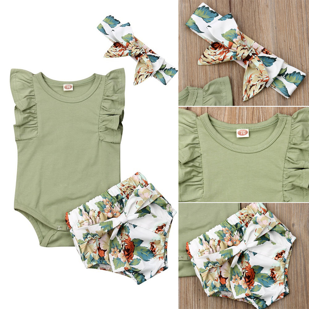 Baby Girl Cotton Clothes Set Fashion Newborn Kid Baby Girl Clothes Ruffle Sleeve Romper Bowknot PP Floral Shorts Headband Outfit-image-471162760