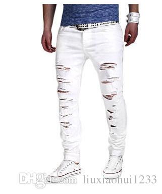 

Spring and summer new men's clothing washed broken hole straight tube hair pulled casual pants European and American tide men's jeans men wh, White