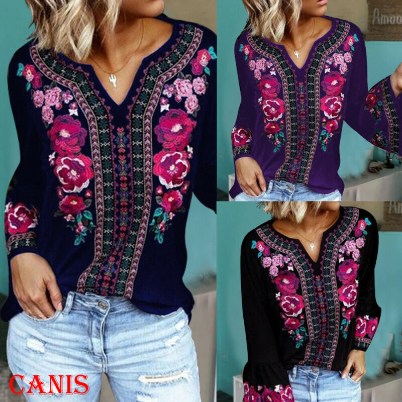

UK Women' Boho Floral Flare Long Sleeve Blouse Casual V-Neck Loose T-shirt Tops, Black
