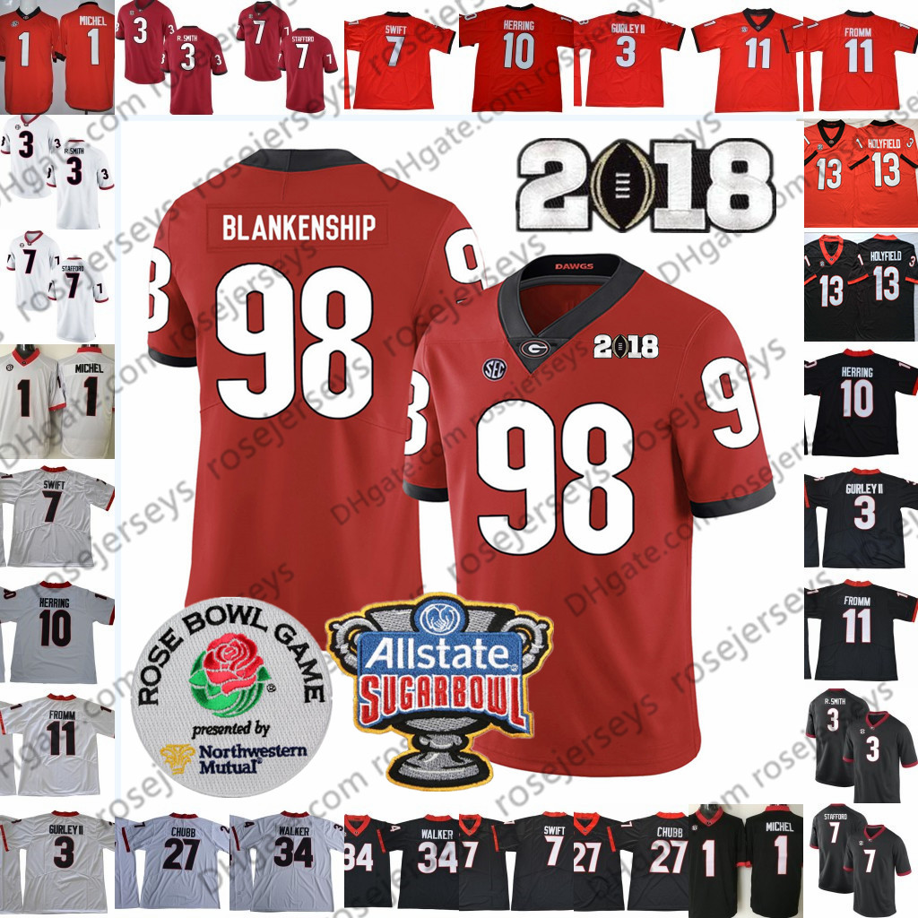 

2019 UGA Georgia Bulldogs #1 Sony Michel 27 Nick Chubb 13 Elijah Holyfield 98 Rodrigo Blankenship 7 Matthew Stafford Rose Bowl Sugar Jersey, Black with 2018 white patch
