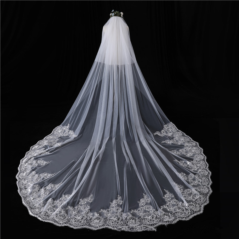 

2020 new white ivory tulle wedding veils voiles de mariage bridal veil wedding accessories with lace applique 3m 4m 5m