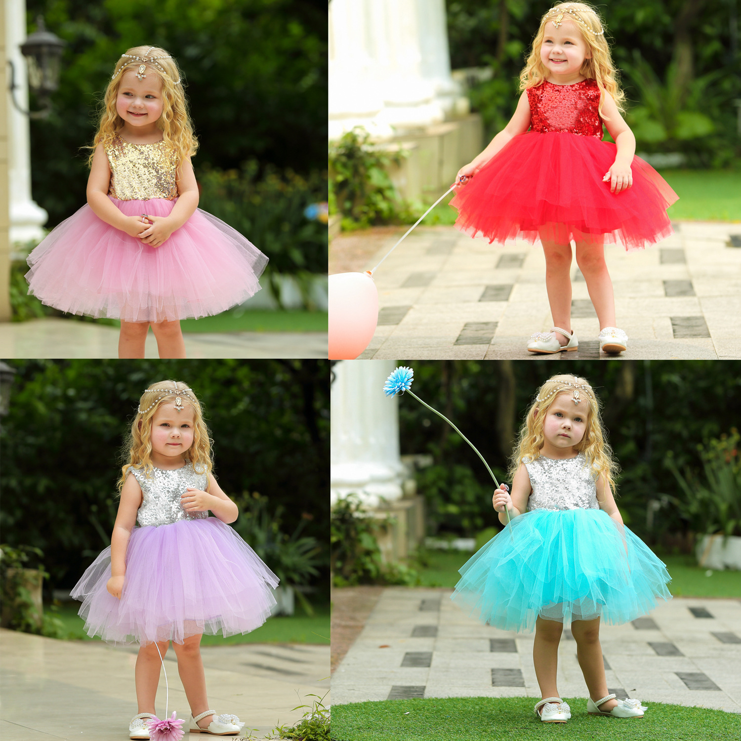 

Fashion Girls Dress Kids Sequined Bodice Layered Tulle Princess Dress for Wedding Party Baby Girls Clothes, Red