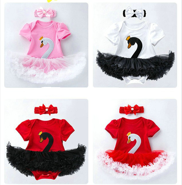 

Retail girls boutique outfits summer 2pcs romper sets baby short sleeve swan romper dress+headband baby tracksuit suit kids designer clothes, 2pcs=1set