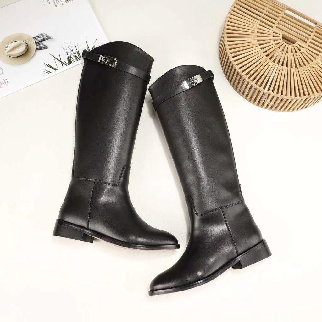 

Genuine Leather Long Boots Sexy Woman Motorcycle Booties Belt Strap Metal Shark Lock flat heel Knee High Boots, Black;real leather