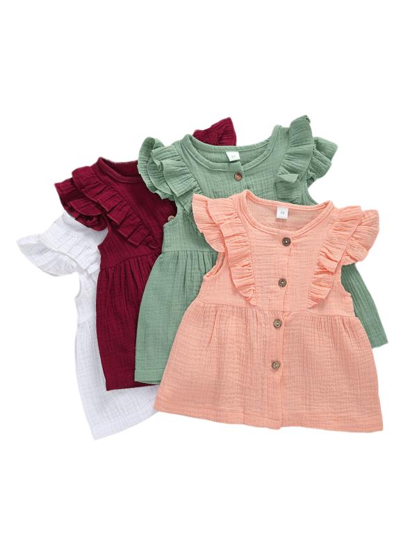 

0-3Y Soft Cotton Linen Newborn Summer Dress Infant Baby Girls Sleeveless Dress Button Ruffles Sleeve A-Line Outfits, Green