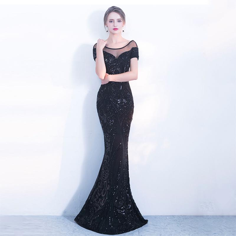 

Sequined Evening Dress Banquet Long Elegant Party Dress Cap Sleeve O-neck Robee De Soriee Mermaid Gown Black Formal