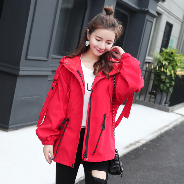 

Spring Autumn Fashion Hooded Solid Red Windbreaker Jacket Zipper Pockets Casual Long Sleeves Feminino Coats Outwear 660, Khaki