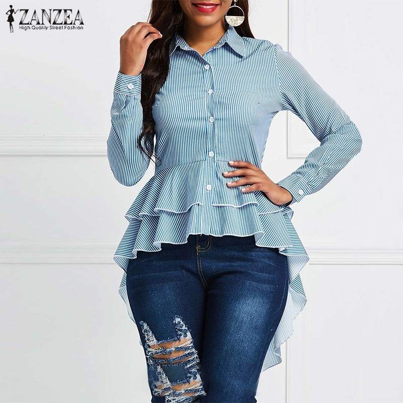 

ZANZEA Stylish Asymmetrical Shirt Spring Women Striped Blouse Casual Long Sleeve Ruffles Hem Blusas High Low Work Tops Tunic, Blue