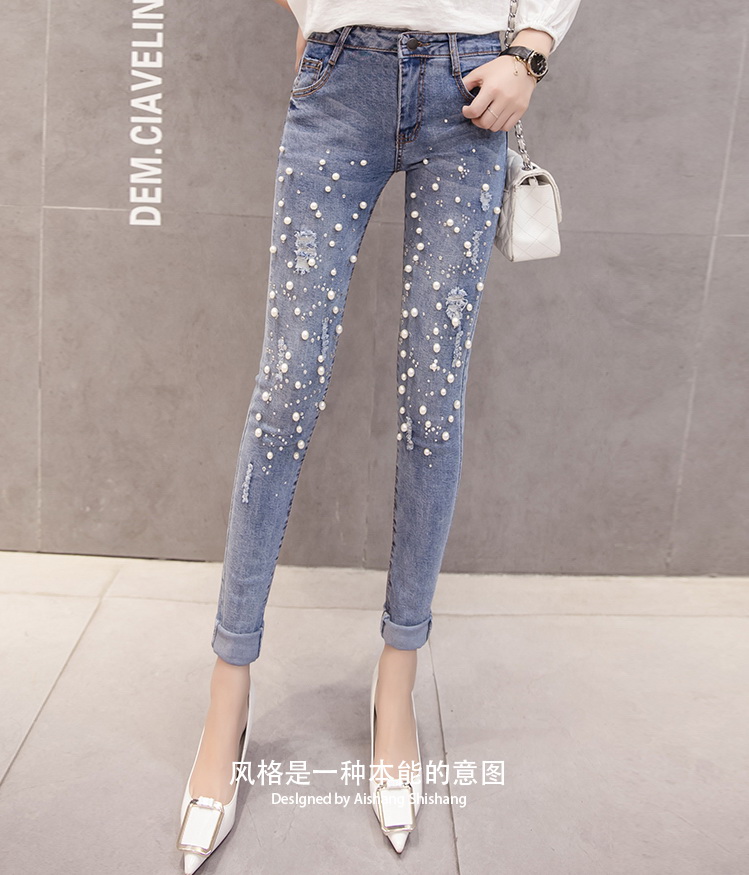 

Pearl Beaded Jeans Casual Women Stretch Skinny Jeans Spring New Elastic Denim Zipper Pants Female Sexy Slim Long Trousers, Blue
