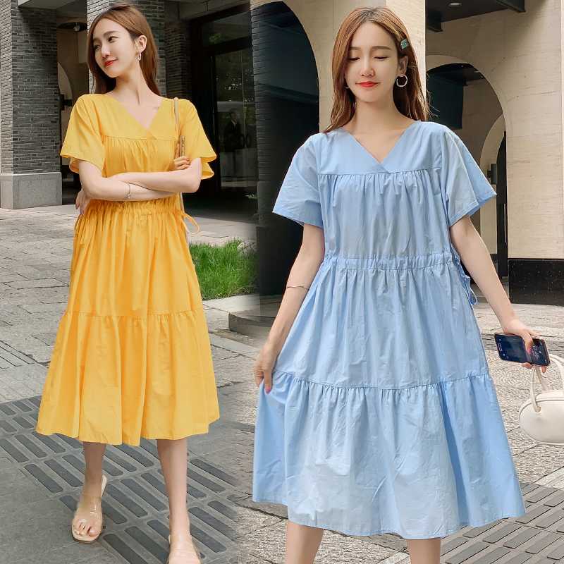 

1987# Maternity Clothes Summer Cotton Solid Color Short Sleeve Loose Stylish Dress for Pregnant Women Pregnancy Clothes, Yellow