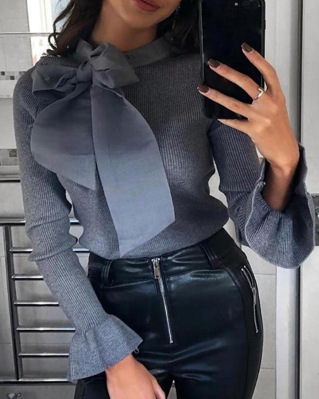 

Ribbed Bowknot Detail Elegant Bell Cuff Sweaters Women Solid Long Sleeve Casual Pullover Tops, As pic
