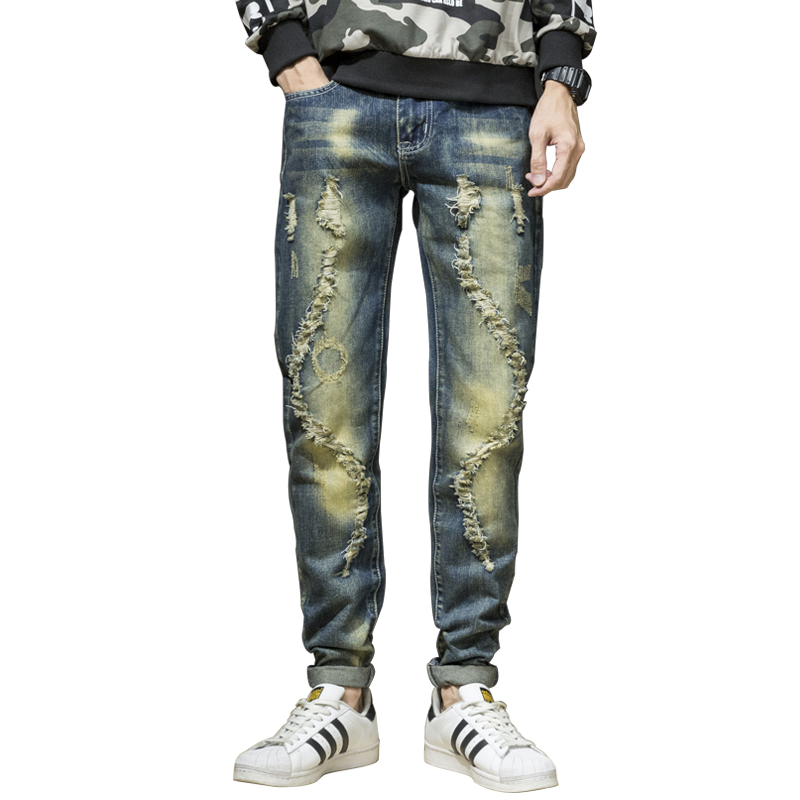 

2020 men's fashion ripped jeans men tide brand Slim Straight trousers size Hole Casual denim personality beggar feet pants, 776