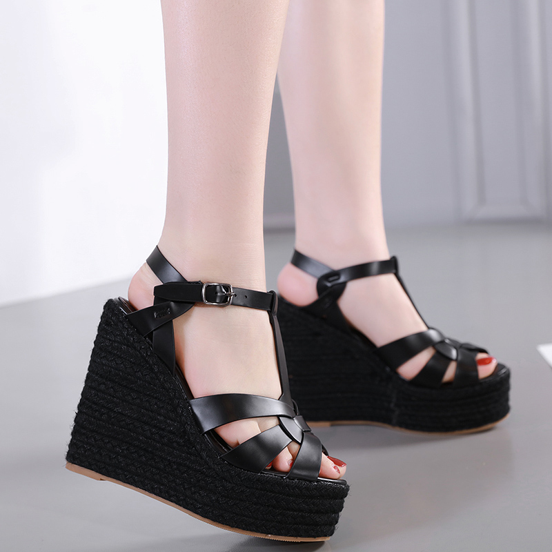 

Hot Sale-andal shoes high heels wedges sandals strappy open toes high heels Wedges shoes platform sandals YMA801, Black