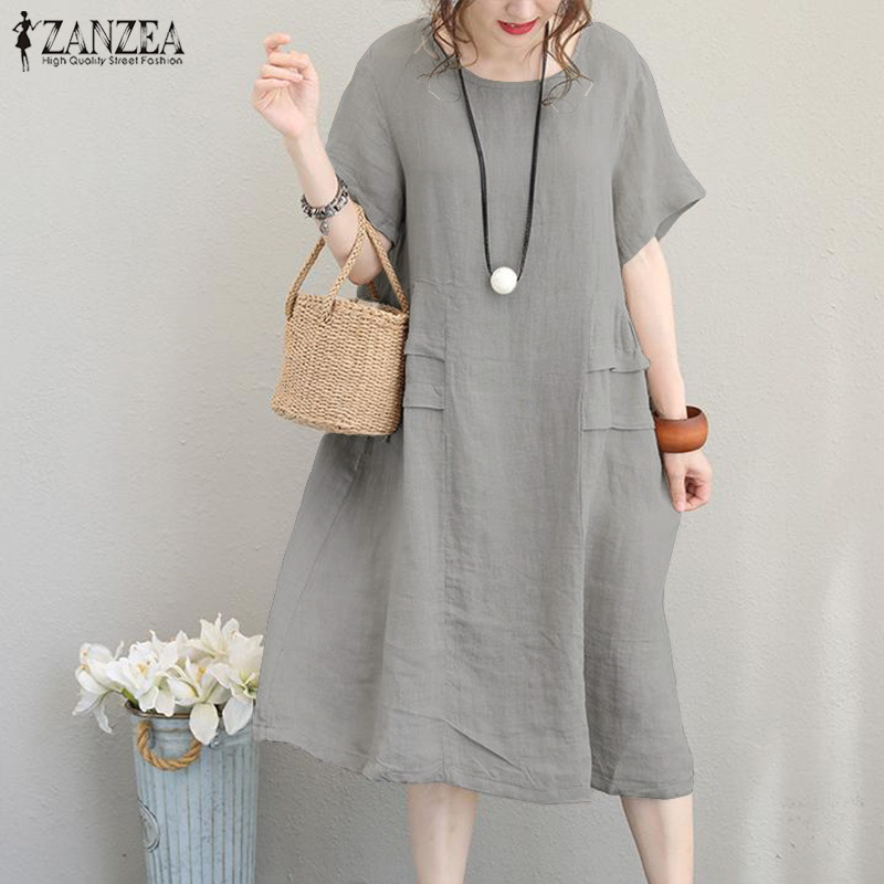 

2020 Plus Size ZANZEA Summer Women Casual Solid Short Sleeve Vintage Cotton Linen Loose Party Short Sundress Dress Vestido Femme, Black