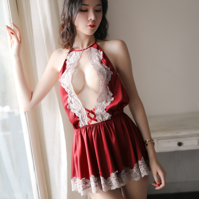 Women Summer Lace Halter Deep V-Neck Dress Black White Satin Chiffon Home Clothes Ladies Sexy Lace Sheer Dress vestido feminino