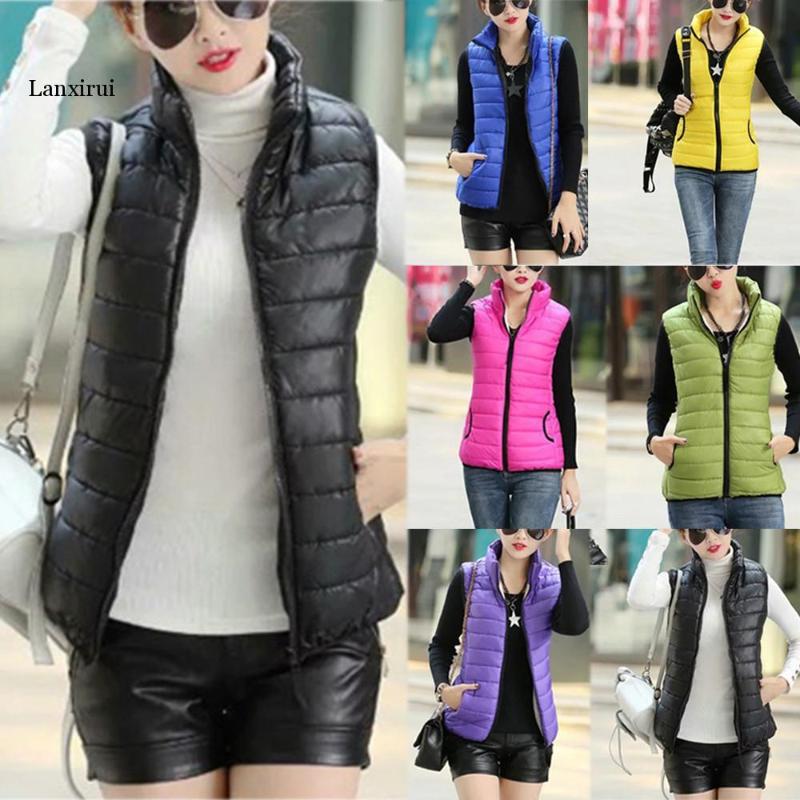 

Winter Women Jackets Female Pleated Sleeveless Stand Collar Basic Women Waistcoat Windproof Warm Cotton Slim winter coat Vest, Black