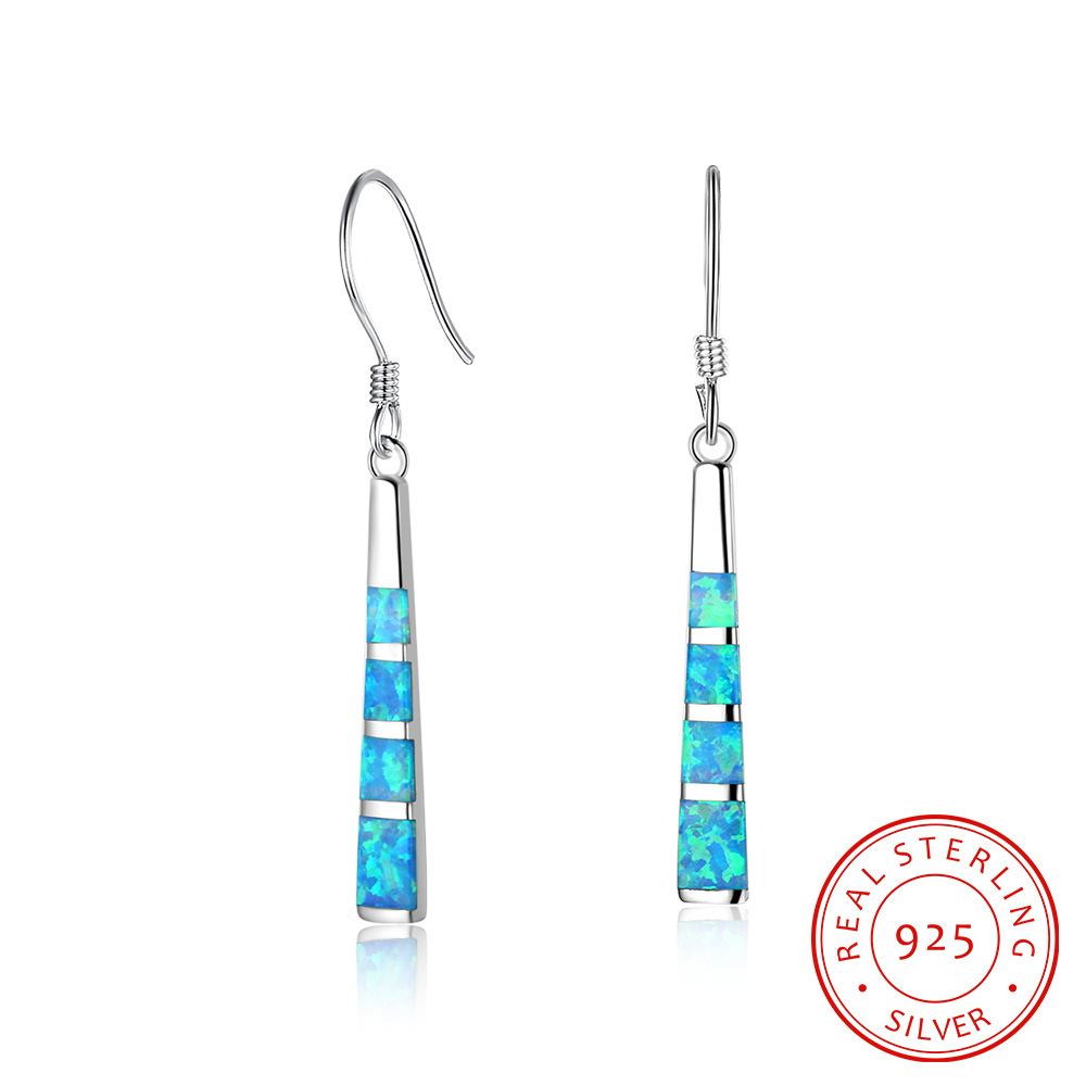 

fashion 925 Sterling Silver Charm earrings with blue opal gemstone beautiful long design Hoop earring jewelry wholesale