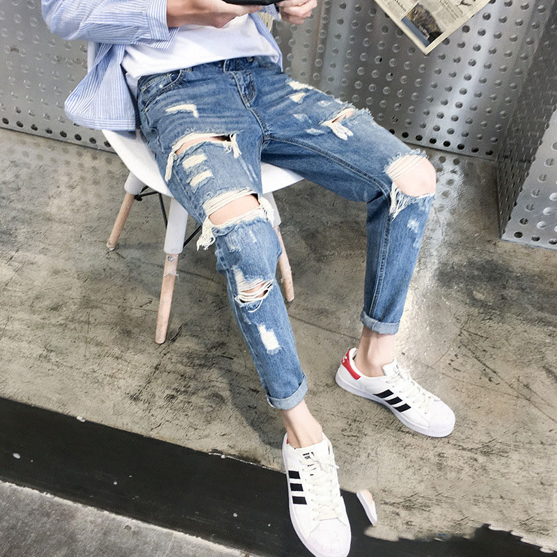 

Summer 2020 fashion Casual hip hop thin ankle length pants beggar pants male Korean big holes jeans scraped loose harem, Blue