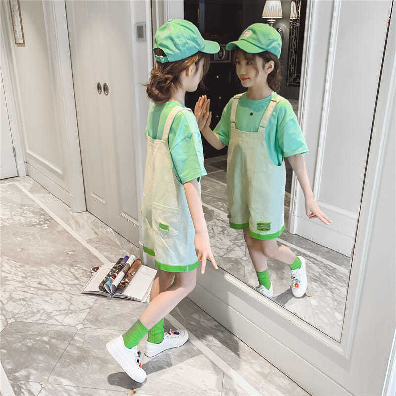 

Girls Clothes Set 2020 Summer Solid Short Sleeve T-Shirt + Jeans Shorts Overall Clothing Suit Fashion Outfits Kids Clothes W253, Yellow