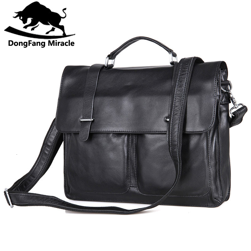

DongFang Miracle Cow Leather Men Business Handbag Fashion Office Briefcase Flap Hasp Shoulder Messenger Bag CJ191201, Black