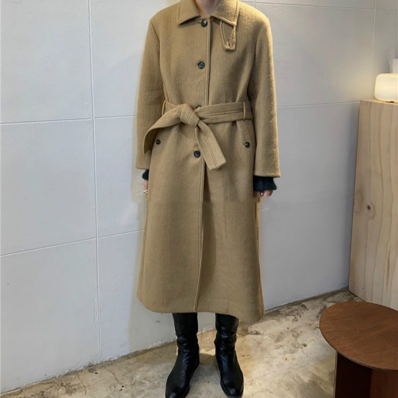 

Women Autumn Winter Camel Long Wool Coat Long Sleeve Jacket Turn-down Collar Pocket Woolen Overcoat Loose Outwear