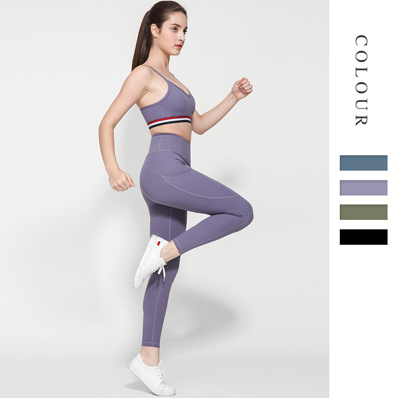 

2020 New Yoga Suit Women Two-piece Double-sided Frosted Yoga Set High Waist Tights Running Fitness Vest Bra, Blue