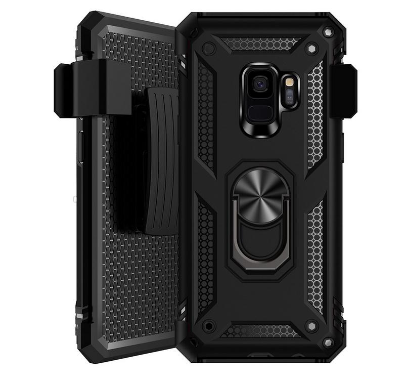 

Metal Ring Holder Shockproof Defender Hybrid Hard Case Protective Phone Cover With Belt Clip for Samsung Galaxy S10 Plus S10E, Black