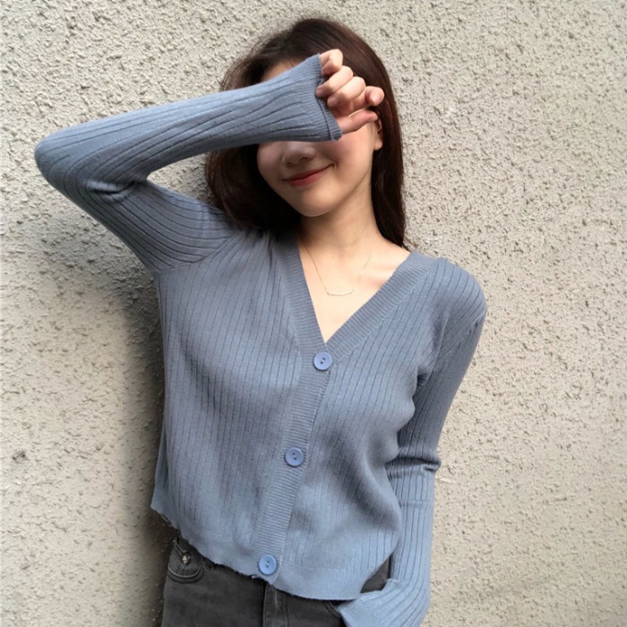 

sweet Korean style Women's Clothing spring autumn new fashion brand v-neck full sleeve button Simple short knitted thin Sweaters, Beige