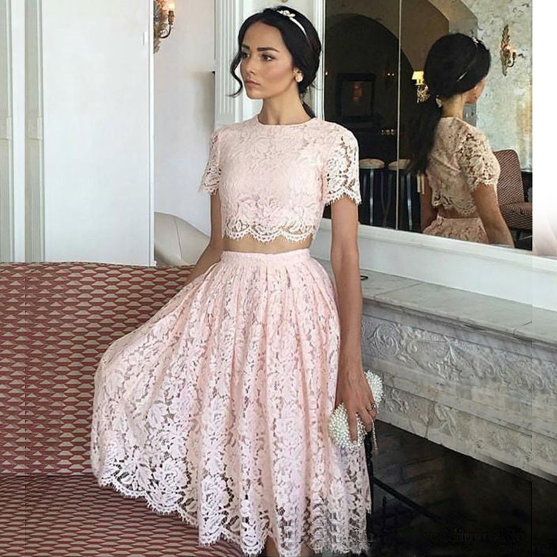 

2 Piece Blush Pink Lace Homecoming Prom Party Dresses Knee Length 2020 Short Sleeve Jewel Bridesmaid Dress Evening Graduation Gowns Cheap, Green