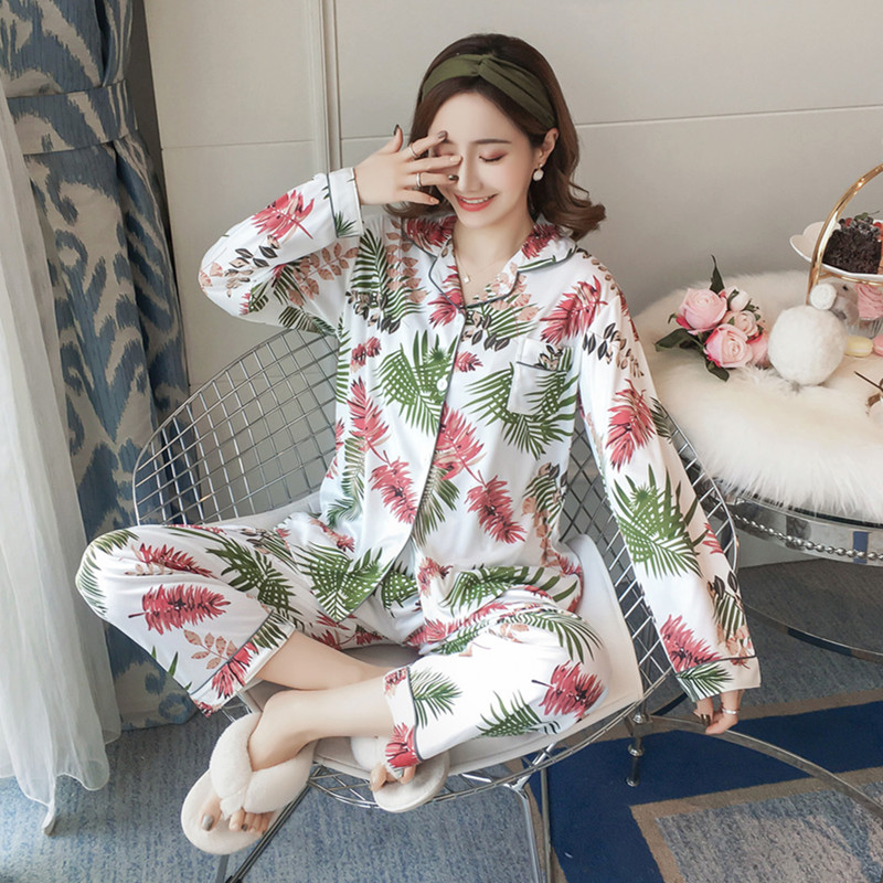 

New 2019 Spring Printing Pattern Women Cardigan Pajama Set Sleepwear Long Sleeve Trousers Two Paper Suit Plus Size XXL