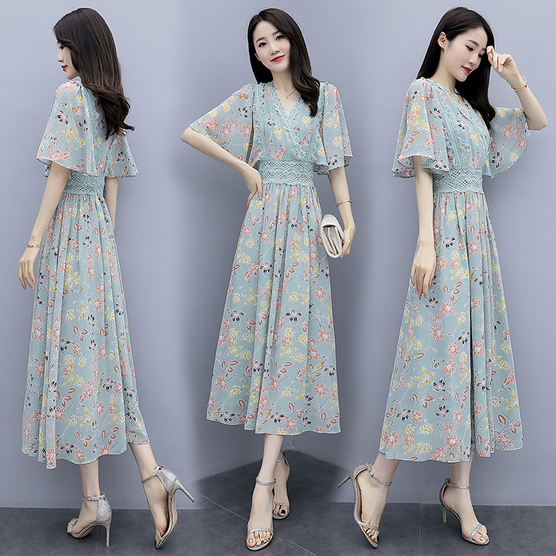 

2020 new Summer Women chiffon floral Dress short Sleeve V-neck lace patchwork lady elegant party Dress, Green