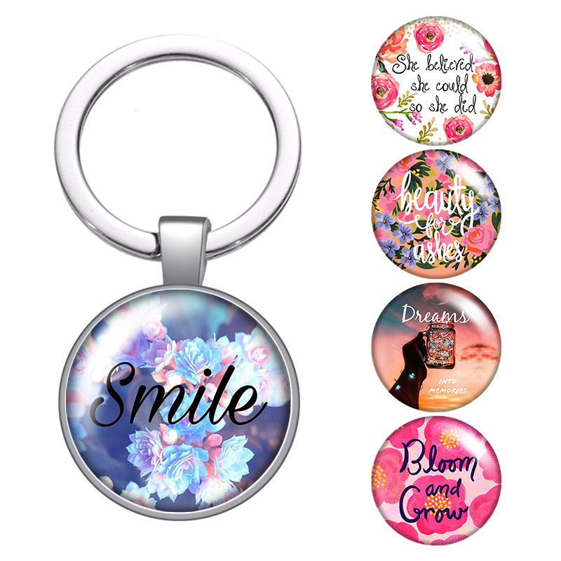 

Flower Smile Dream Words Glass Cabochon Keychain Bag Car Key Chain Ring Holder Charms Silver Keychains For Men Women Gifts