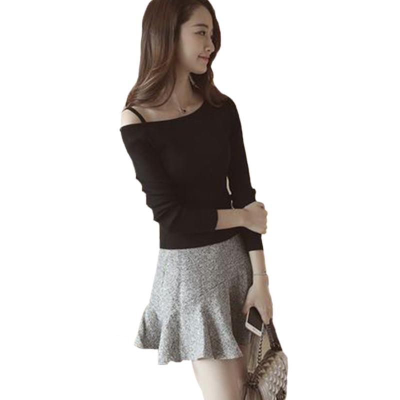 

New Slim solid color strap sexy long sleeve sweater off-shoulder knitwear women clothes, Black