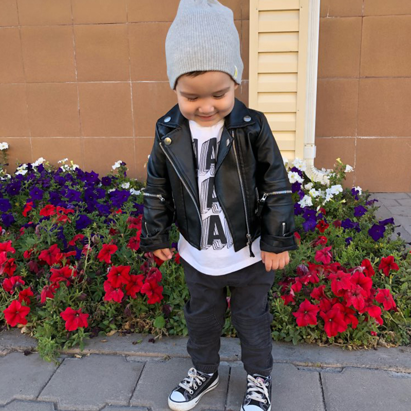 

boys PU jacket 1-7 years old children coat cuff zipper all-match motorcycle leather kids Clothes spring autumn Gift for boy, Black