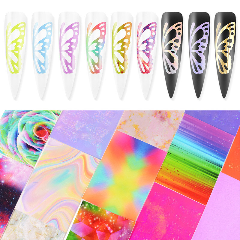 

3D Adhesive Transfer Foil Manicure Tips Sticker Holographic Nail Decal Flourrescent Glitter Nail Stickers Art Decoration, 02