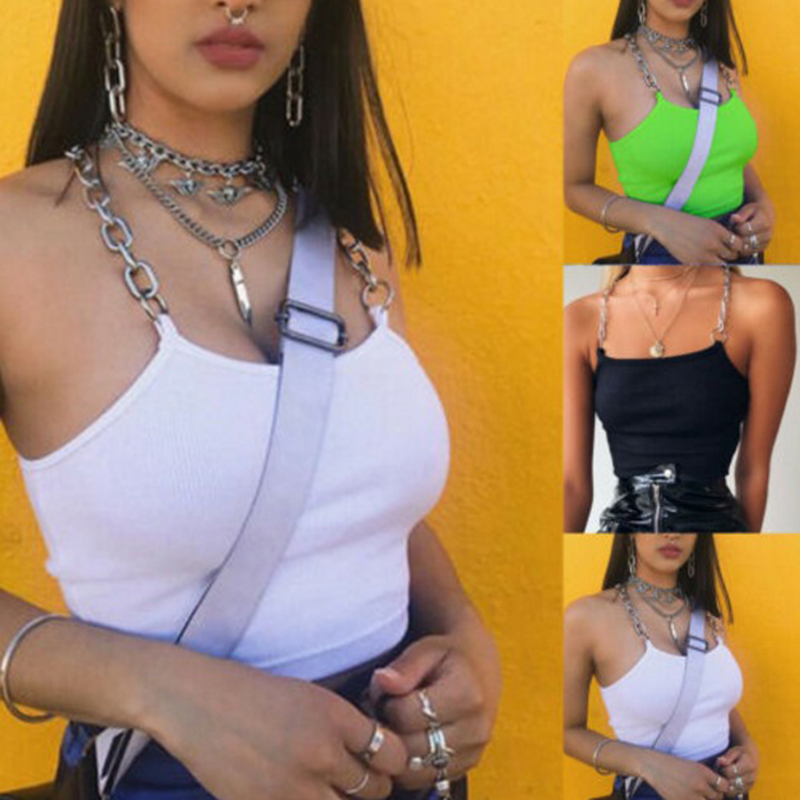 

Summer Women Chains Spaghetti Tank Straps Neon Green Patchwork Sexy Camis Fashion Club Party Streetwear Female Crop Top, Black